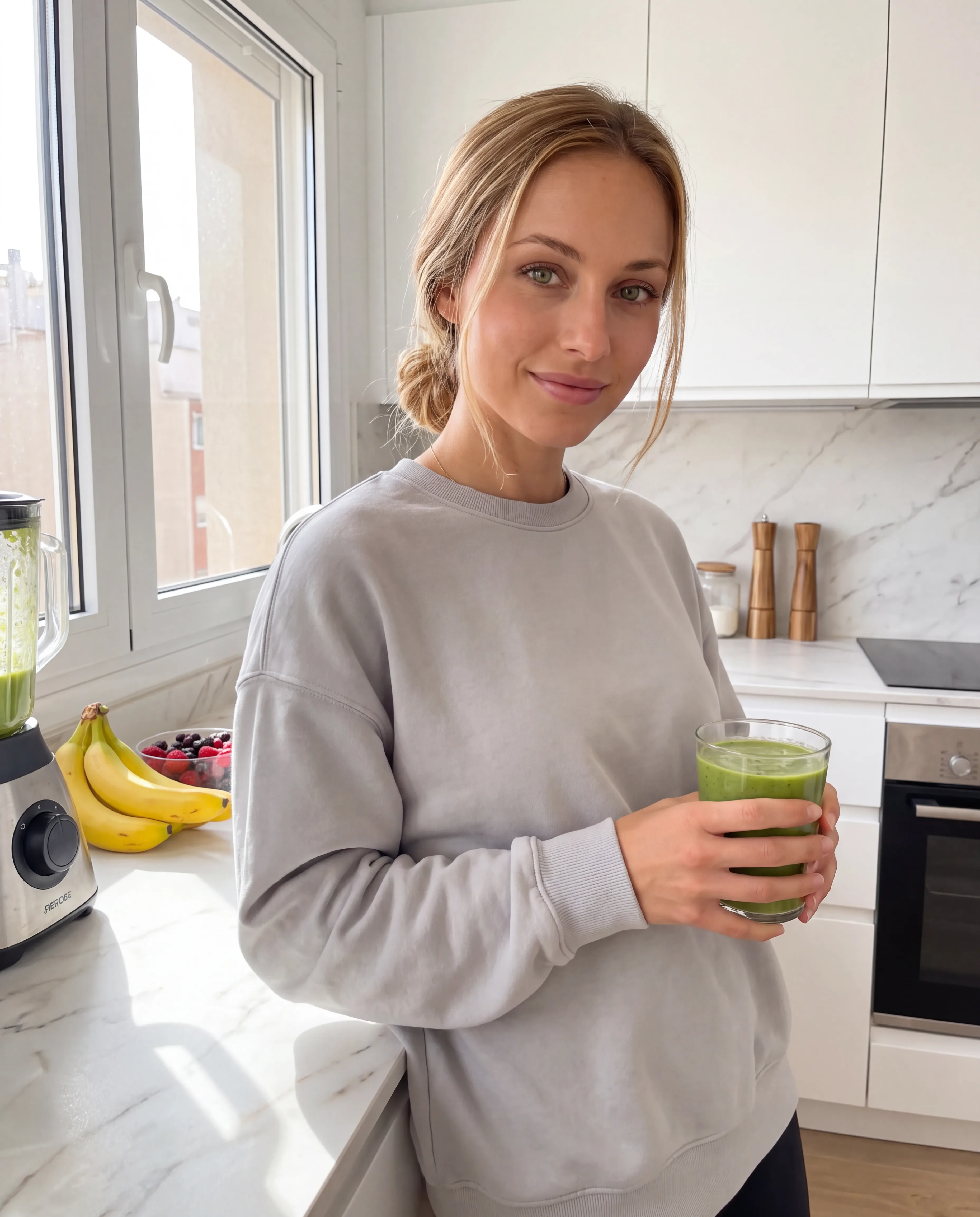Beispiel für einen KI-Influencer: dasselbe virtuelle Model aus einem Referenzfoto in einer neuen Szene (7/8)