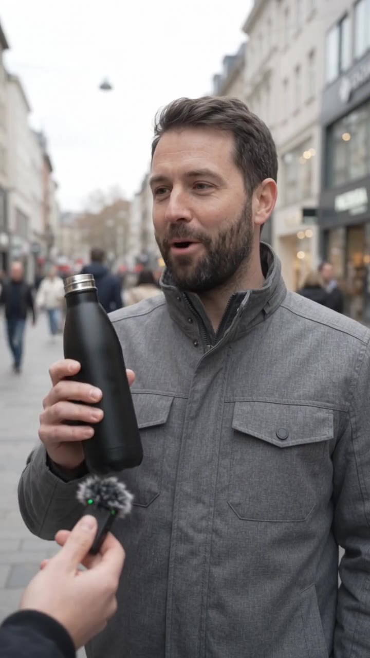 KI-generiertes vertikales Straßeninterview: Ein Mann hält eine Mehrweg-Trinkflasche und antwortet ins Mikrofon
